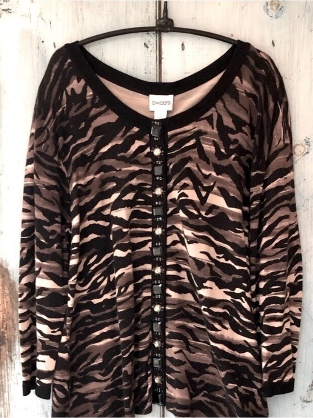 Animal print sweater in black, brown, & tan adorned with beads & rhinest… - Picture 6 of 12